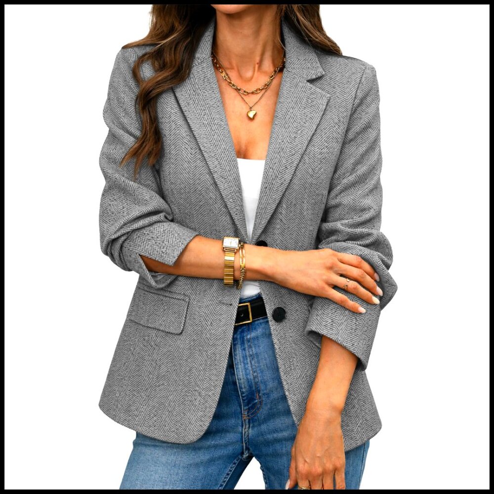 Slim Fit Herringbone Tweed Blazer with Flap Pockets, Business Casual Work Jacket